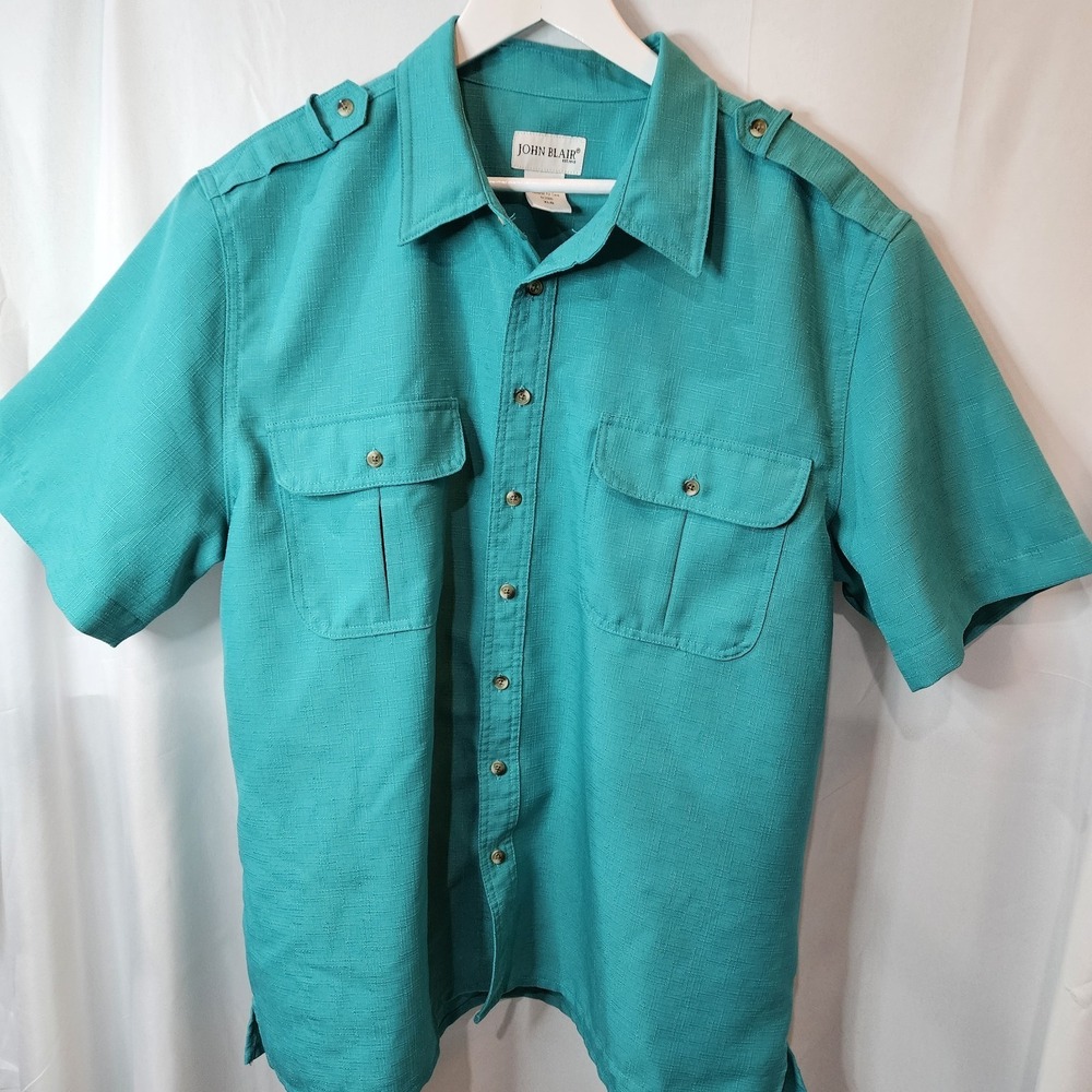 Vintage John Blair Linen Look Textured Camp Leisure Dark Teal Shirt XL